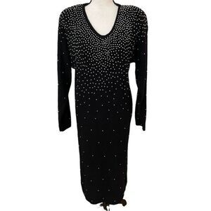 Vintage Nilani knitted black silk/angora faux pearls long dress shoulder pads M